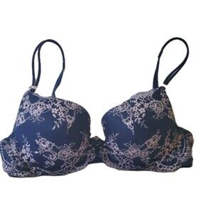 Victoria Secret Demi Padded Bra 34B ID# 36007072 Navy Pink Lace Bows Push Up